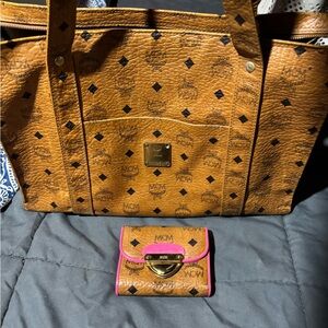 MCM Tan and Pink Tote with Signature Monogram and Leather Trim